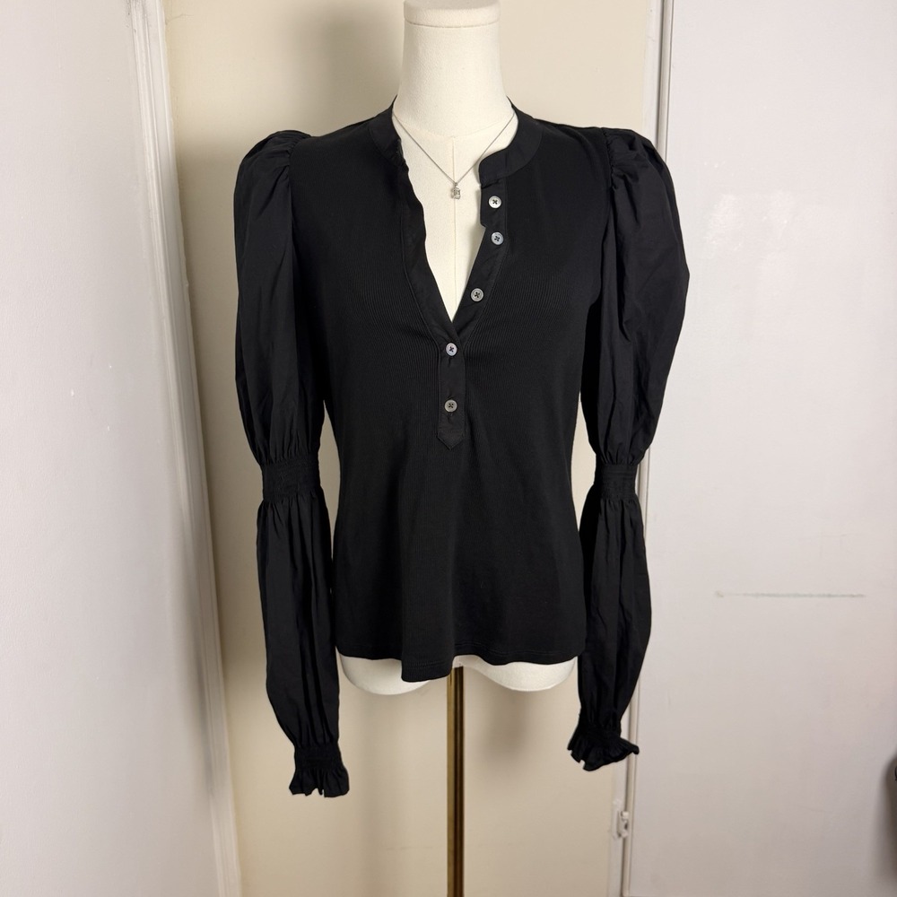Veronica Beard Effy Top Black Split V Neck Puffed Poet Sleeves Pima Cotton M